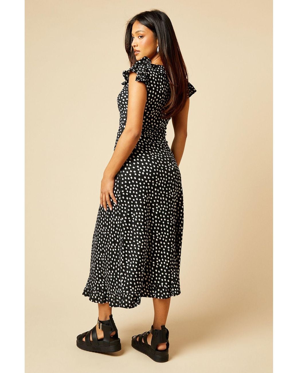 Dorothy Perkins Blue Petite Frill Neck Ruched Front Jersey Midi Dress
