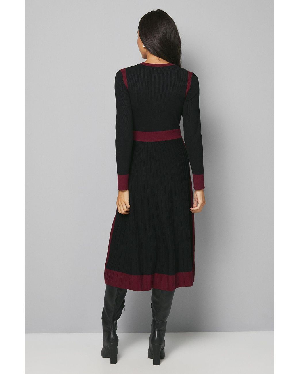 Wallis Black Fit And Flare Button Neck Knitted Dress