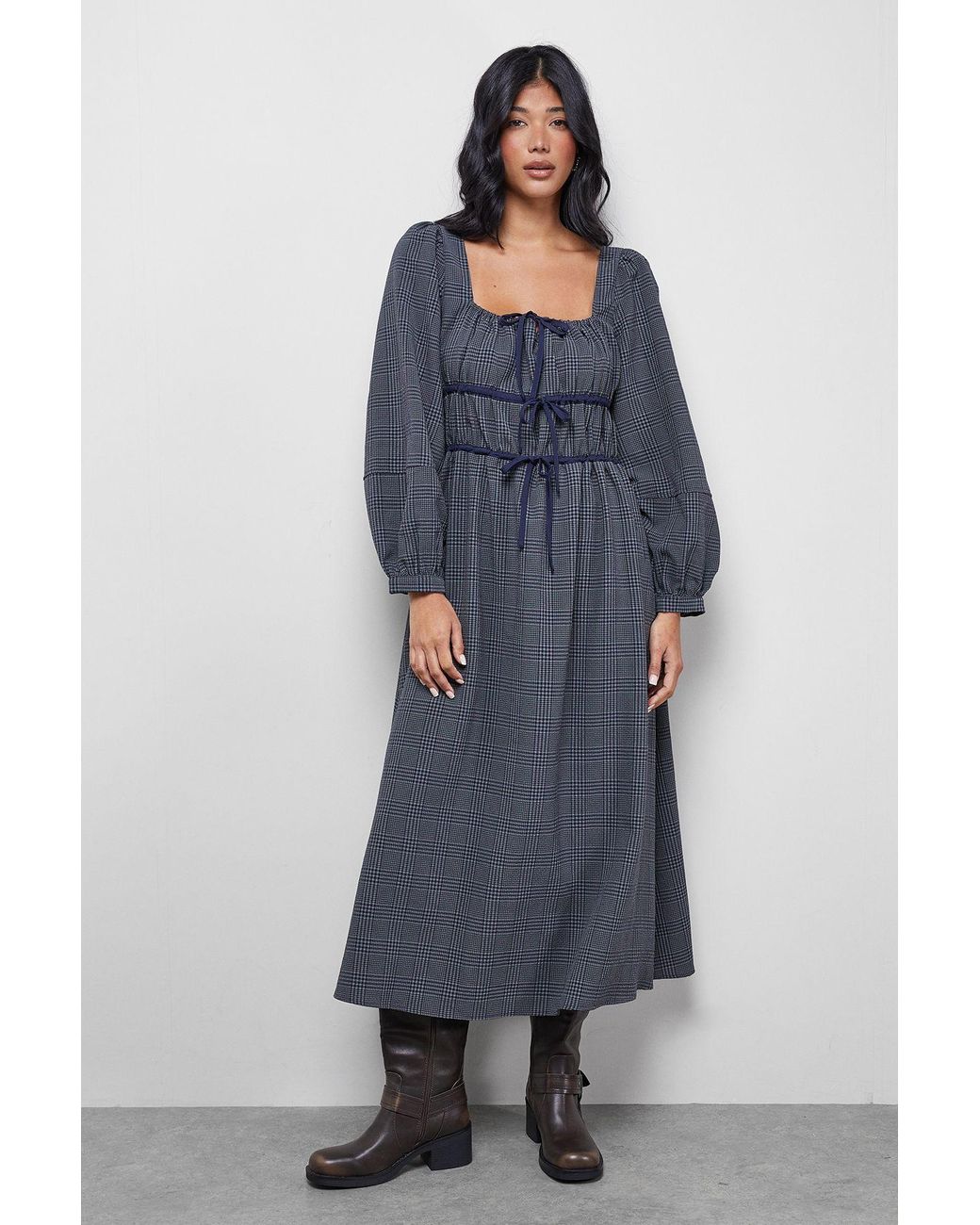Warehouse Blue Check Tie Front Square Midi Dress