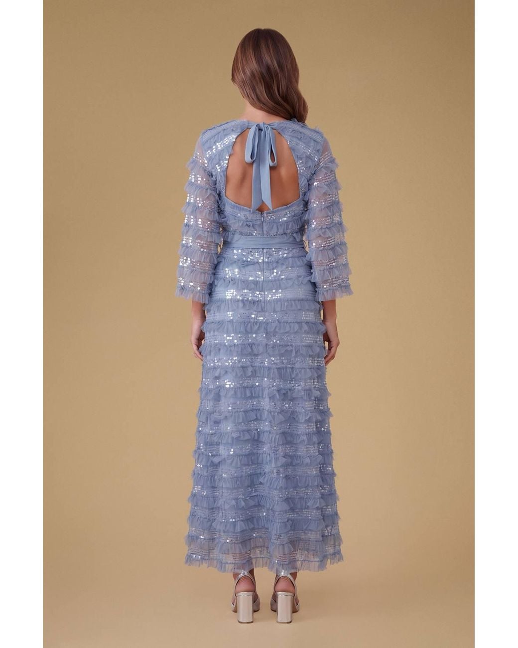 Oasis Blue Flare Sleeve Sequin Mesh Ruffle Bow Back Maxi Dress