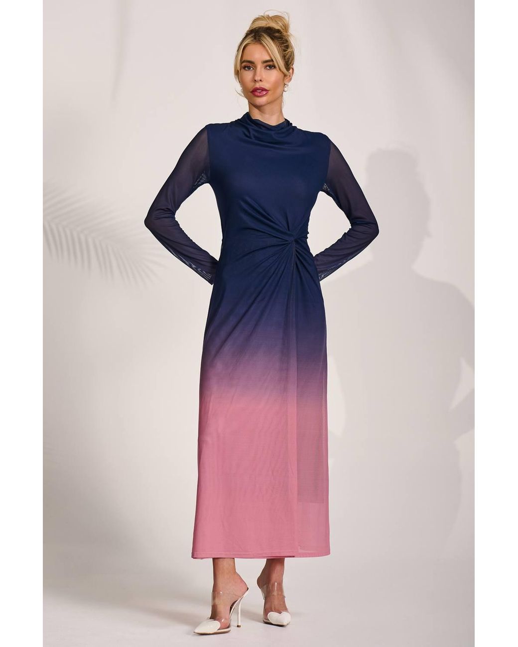 Jolie Moi Pink Petite Long Sleeve Mesh Maxi Dress