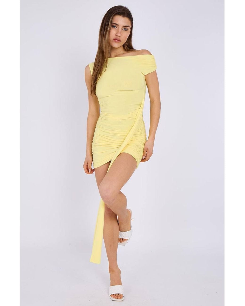 Stylewise Yellow Ruched Drape Detail Slinky Bodycon Midi Dress