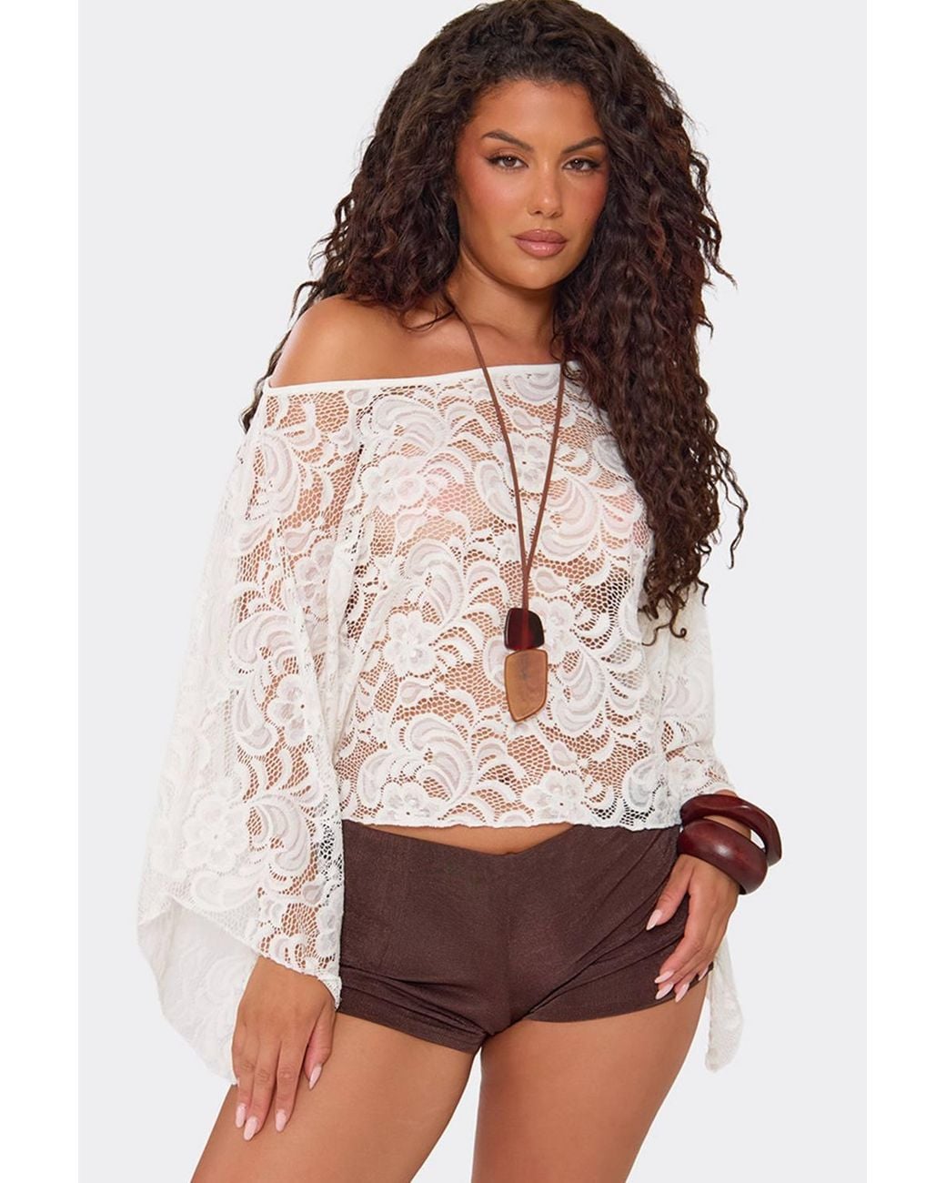 EGO White Long Sleeve Off-The Shoulder Lace Top