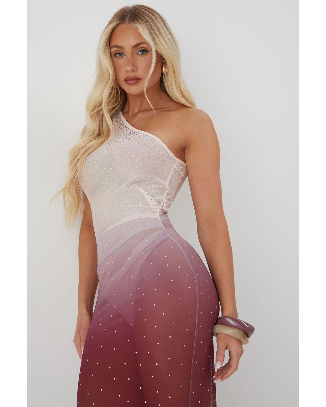 MissPap Red Sheer Ombre Diamante Embellished One Shoulder Maxi Dress