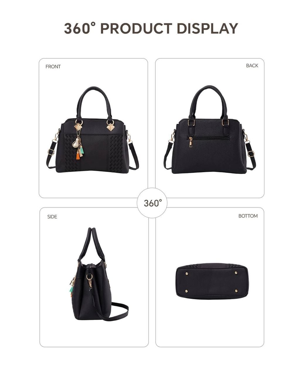 MODISHION Black Minimalist Lychee Grain Handbag With Tassel Pendants