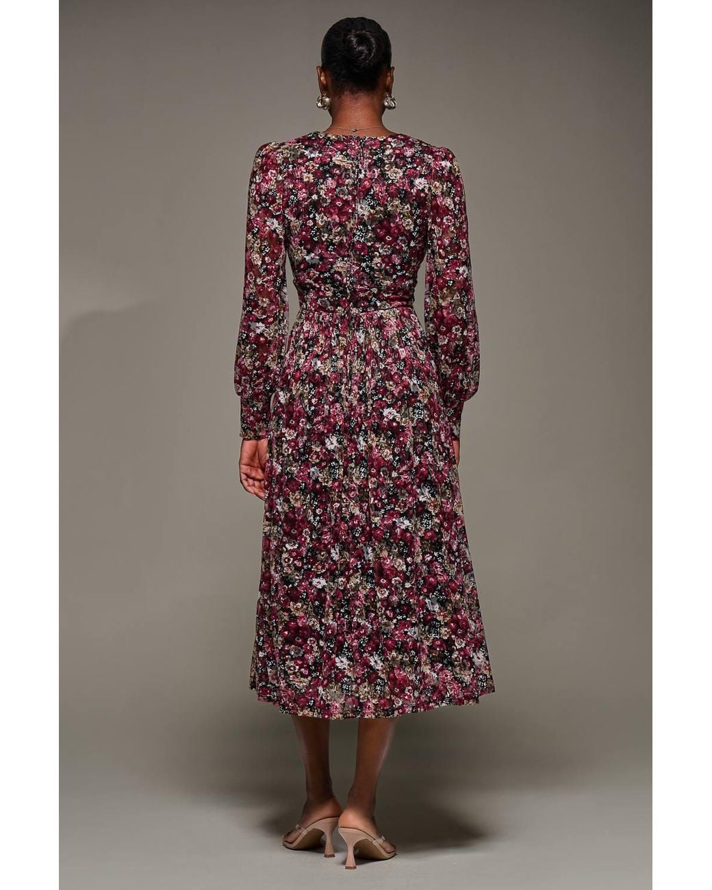 Jolie Moi Brown Long Sleeve Printed Lace Maxi Dress