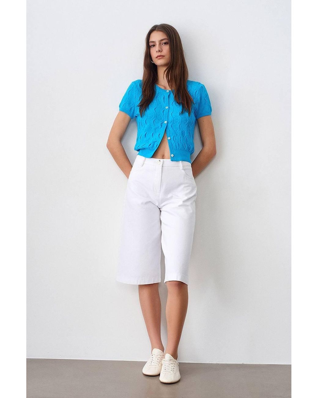 Dilvin Blue Cropped Jacquard Button Cardigan