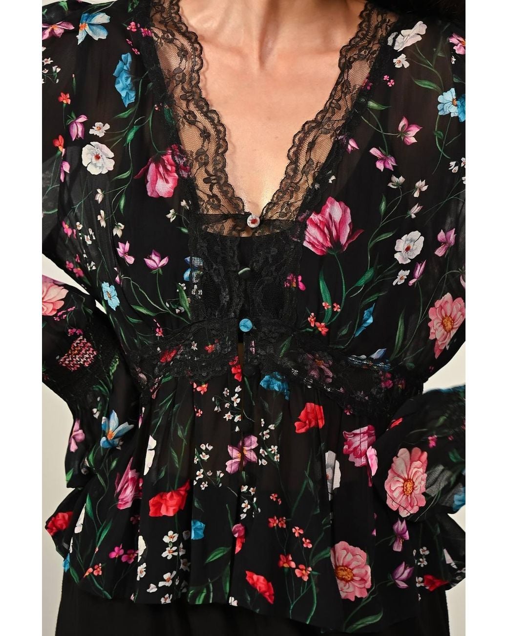 Rose & Nancy Black Juliette--Floral-Lace-Trim-Blouse