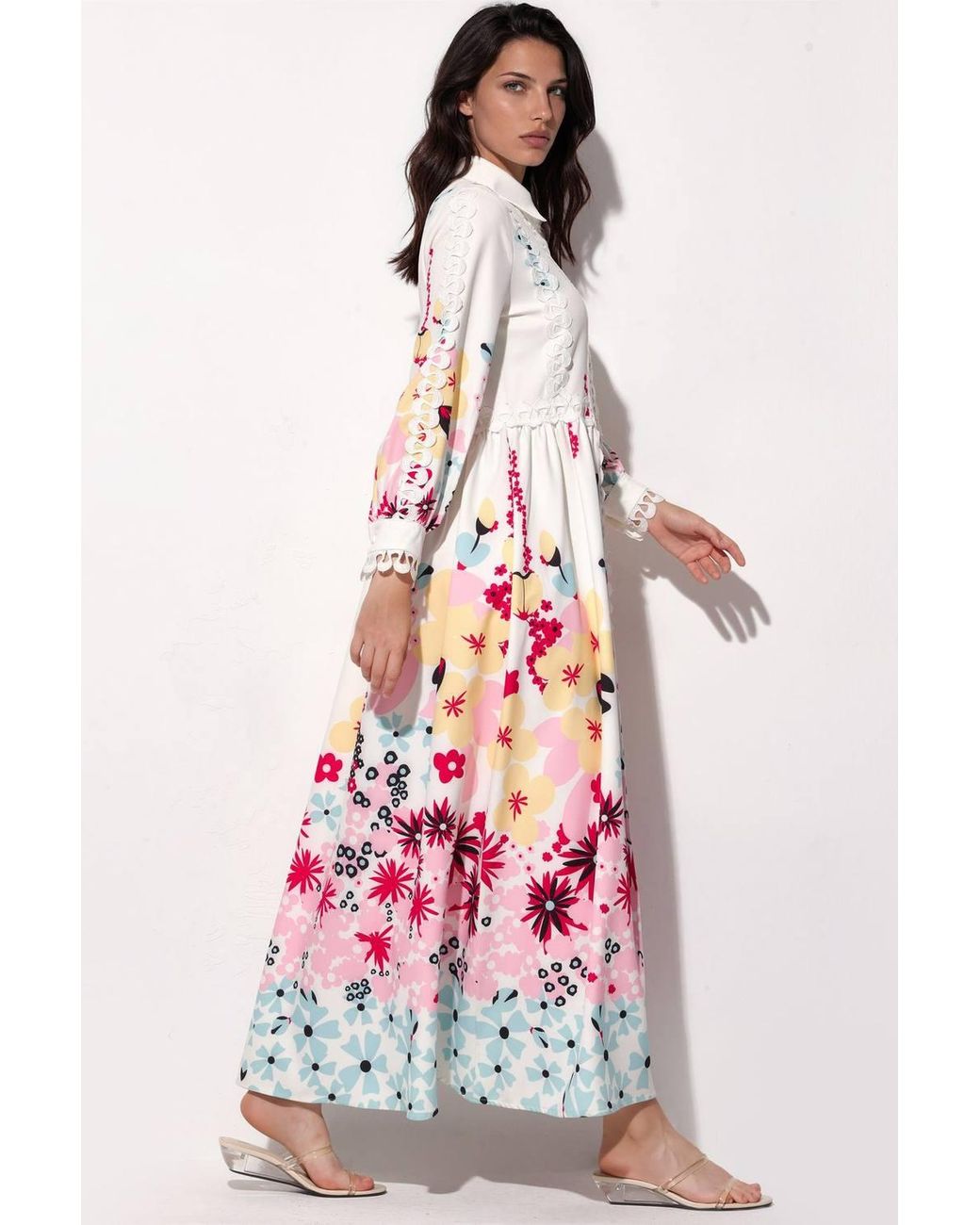 Msn-Collection White Floral Shirt Collar A-Line Maxi Dress