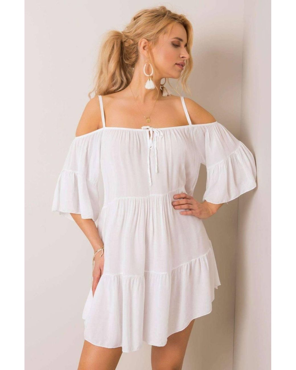 Love Lace White Summer Asymmetrical Frill Tie Neck Dress