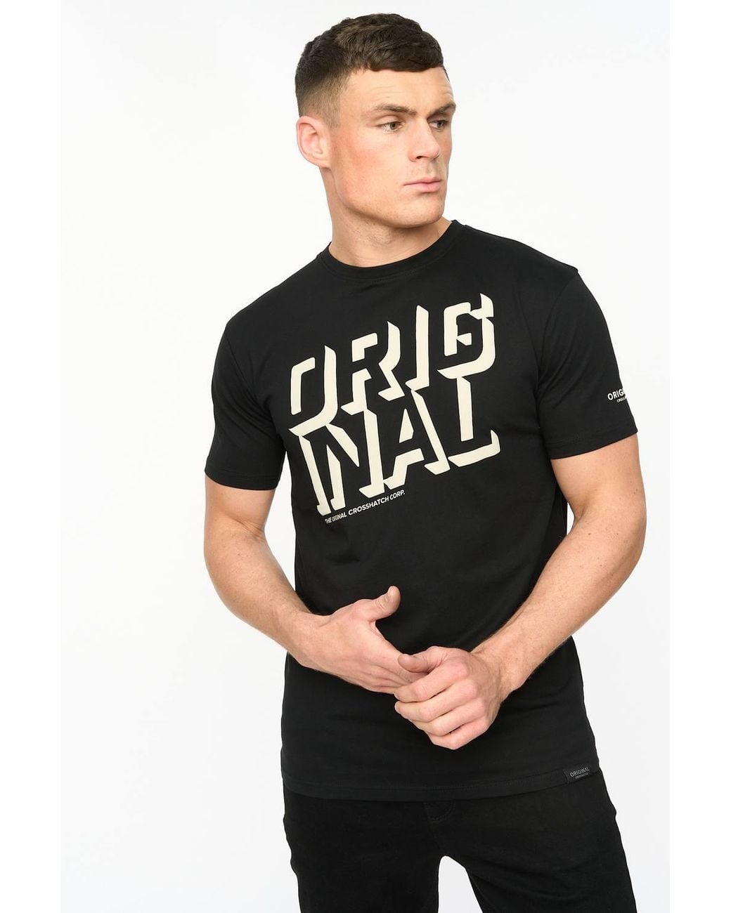 Crosshatch Black Protrax Crew Neck Cotton T-Shirt With Mixed Texture Print for men