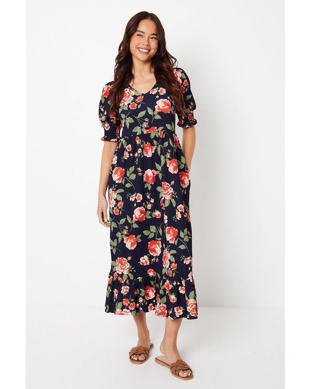 Dorothy Perkins White Petite Floral Tiered Jersey Midi Dress