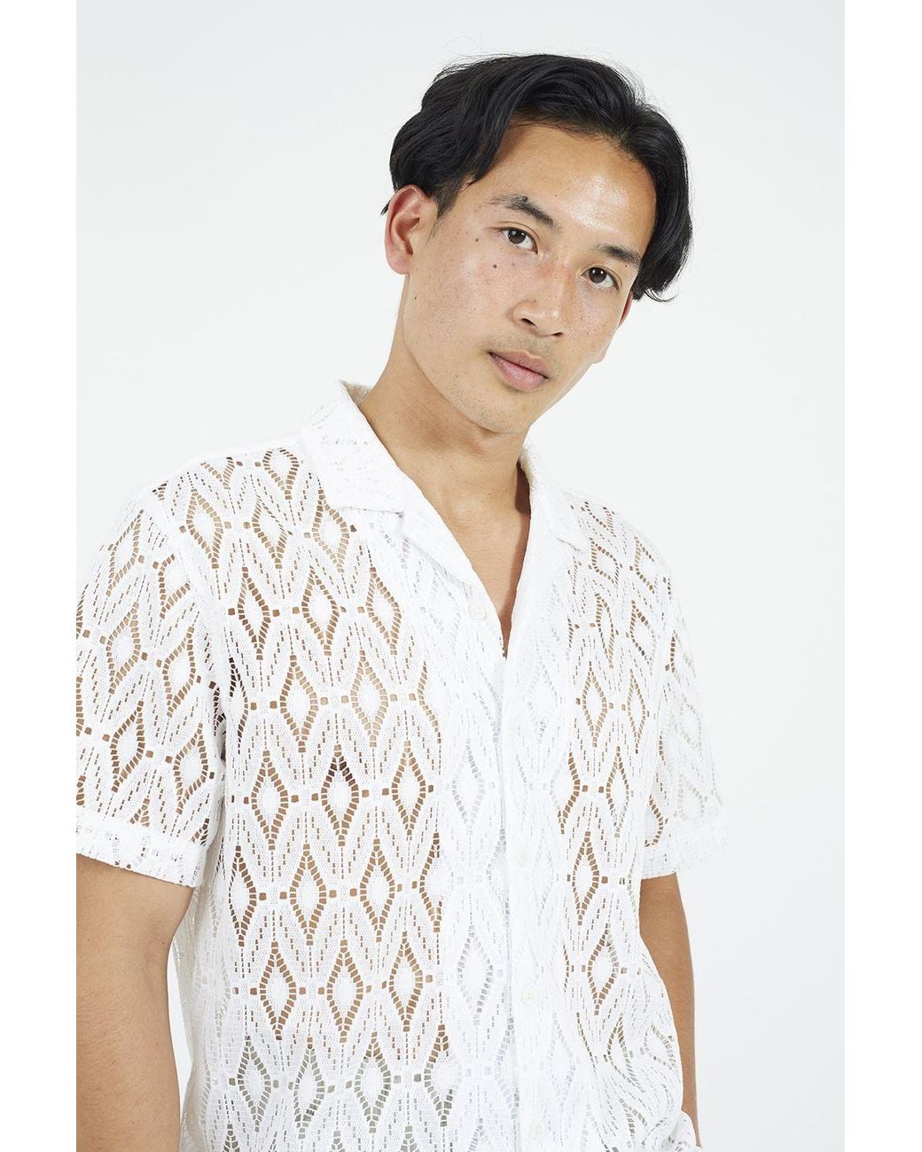 Brave Soul White Geometric Crochet Short Sleeve Shirt for men
