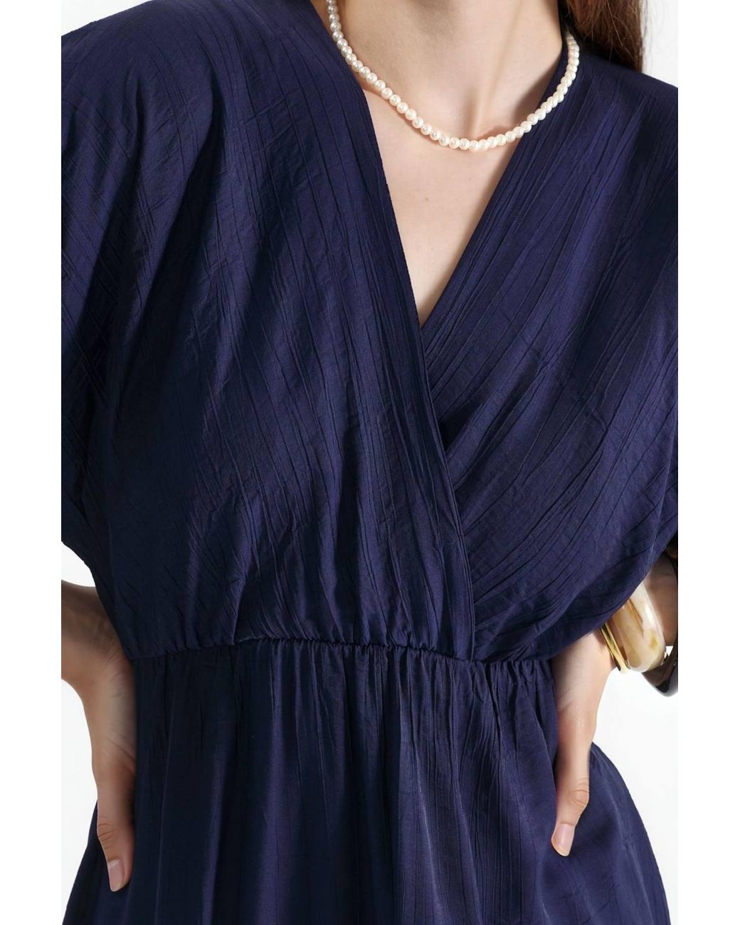 Busem Blue V-Neck Midi Wrap Dress With Three Quarter Sleeves