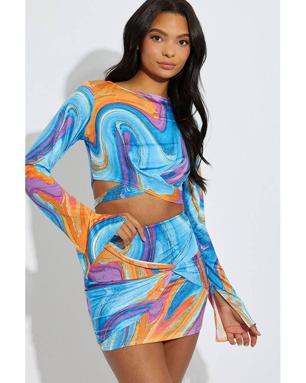 Stylewise Blue Printed Wrap Tie Crop Top