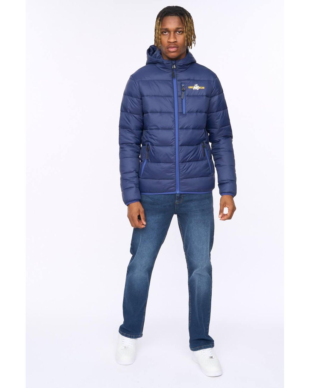 Kings Will Dream Blue Barcana Statement Quilted Puffer Jacket With Chin Guard for men