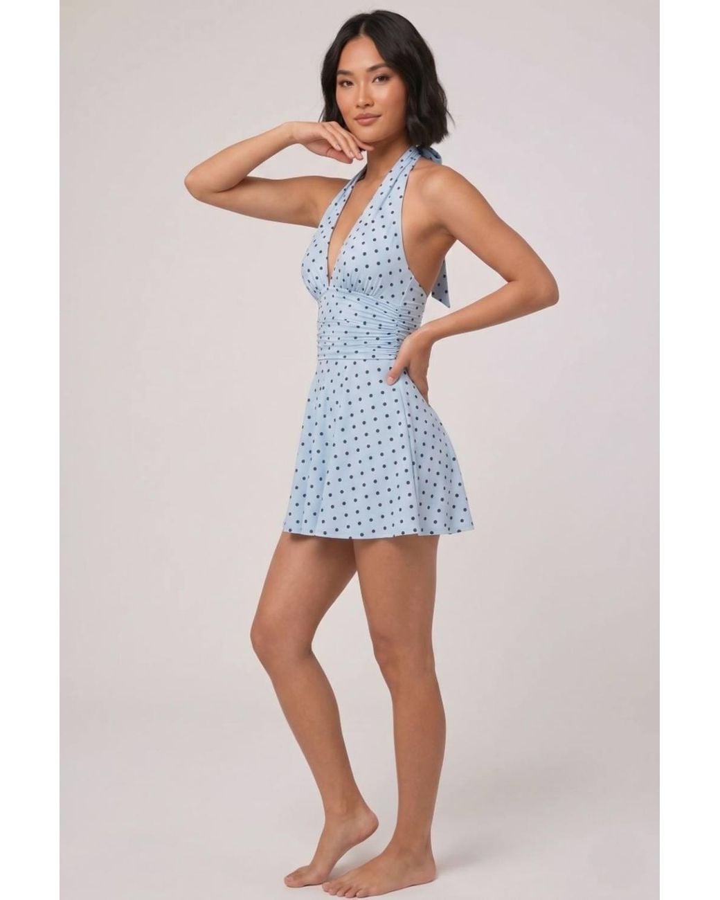 Stylewise Blue Polka Dot Halter Neck Tie Knot Open Back Mini Dress