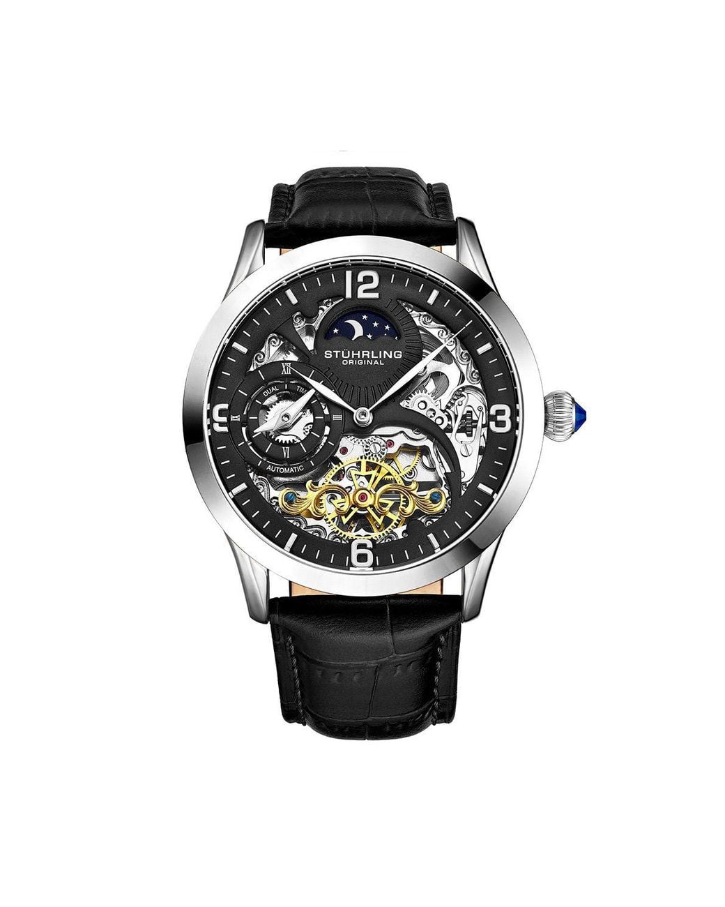 Stuhrling Black Special Reserve Dual Time Automatic 44Mm Skeleton Watch for men