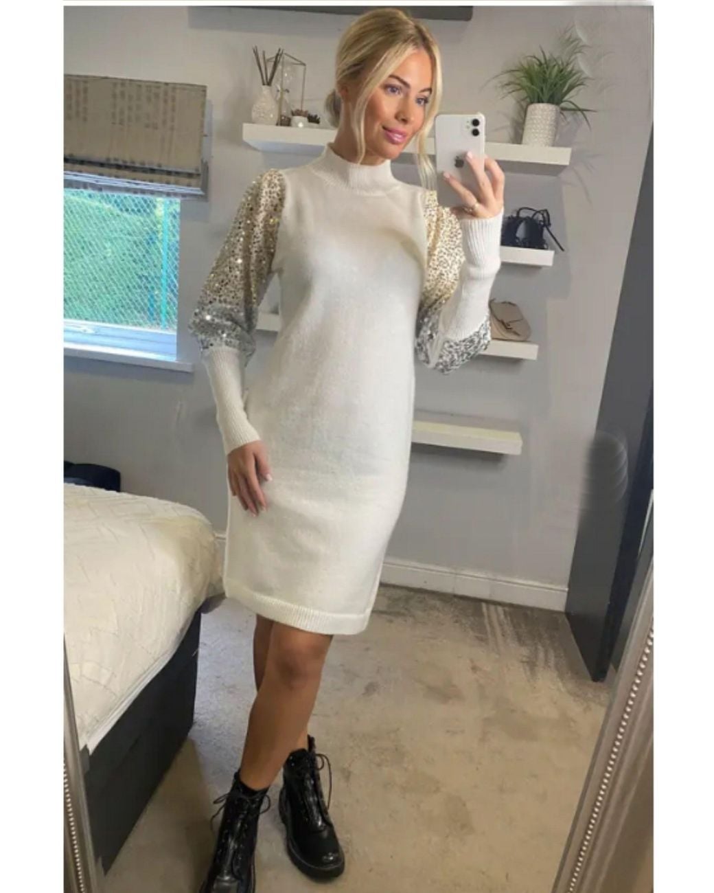 CY Gray Sliver Sequin Embellished Sleeves Design Jumper Dress