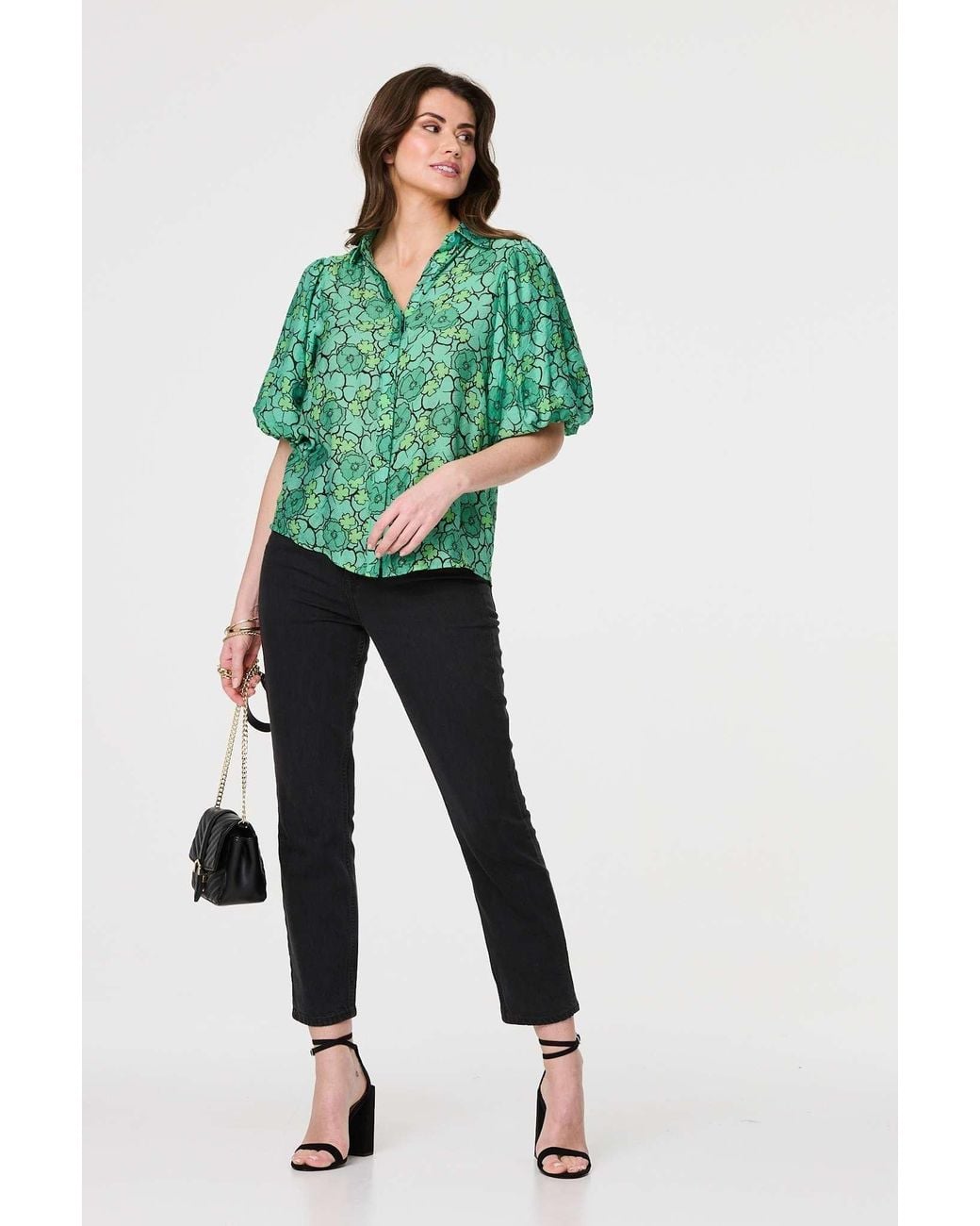 Izabel London Green Leaf Print 1/2 Puff Sleeve Blouse