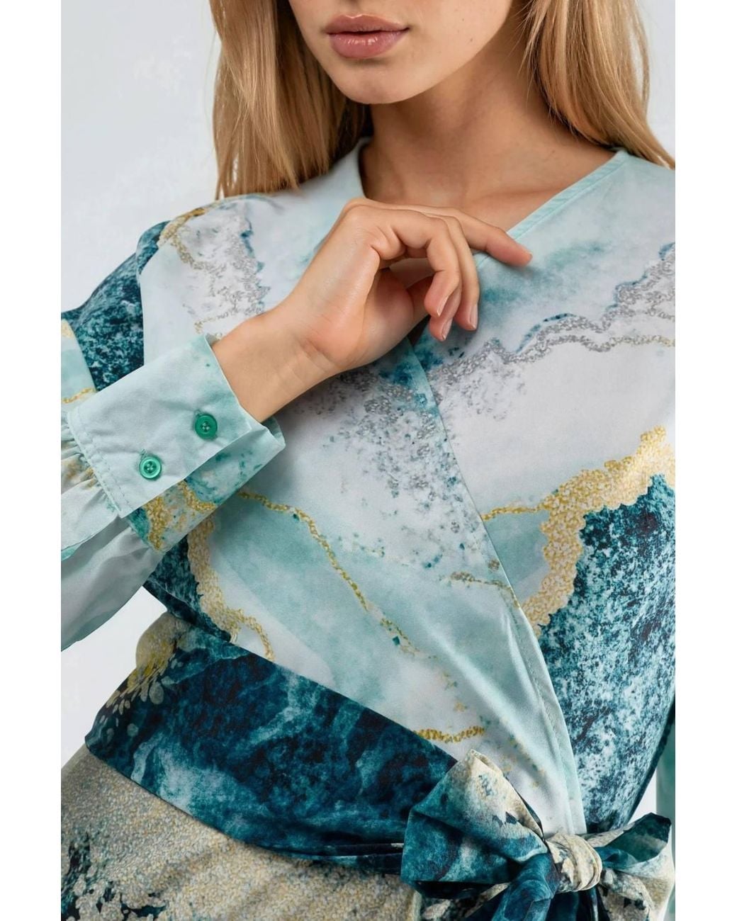 Msn-Collection Blue Abstract Print Long Sleeve Maxi Dress With Tie Detail