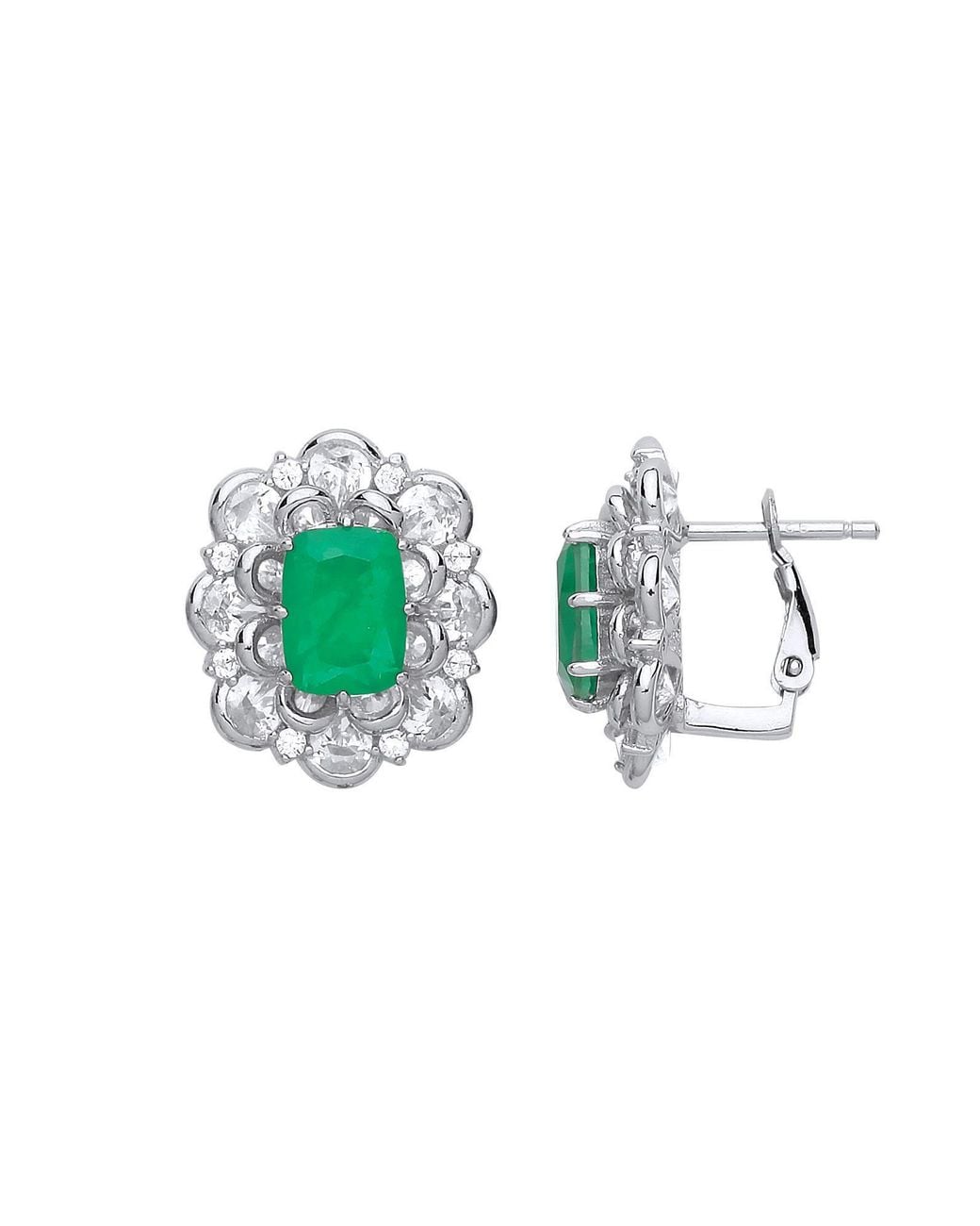 Jewelco London Green Cushion Cz Supernova Flower Cluster Drop Earrings