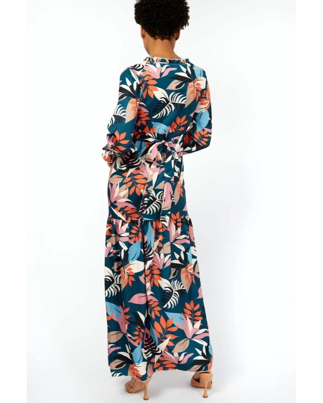 Little Mistress Blue Barcelona Leaf Print Satin Frill Maxi Dress
