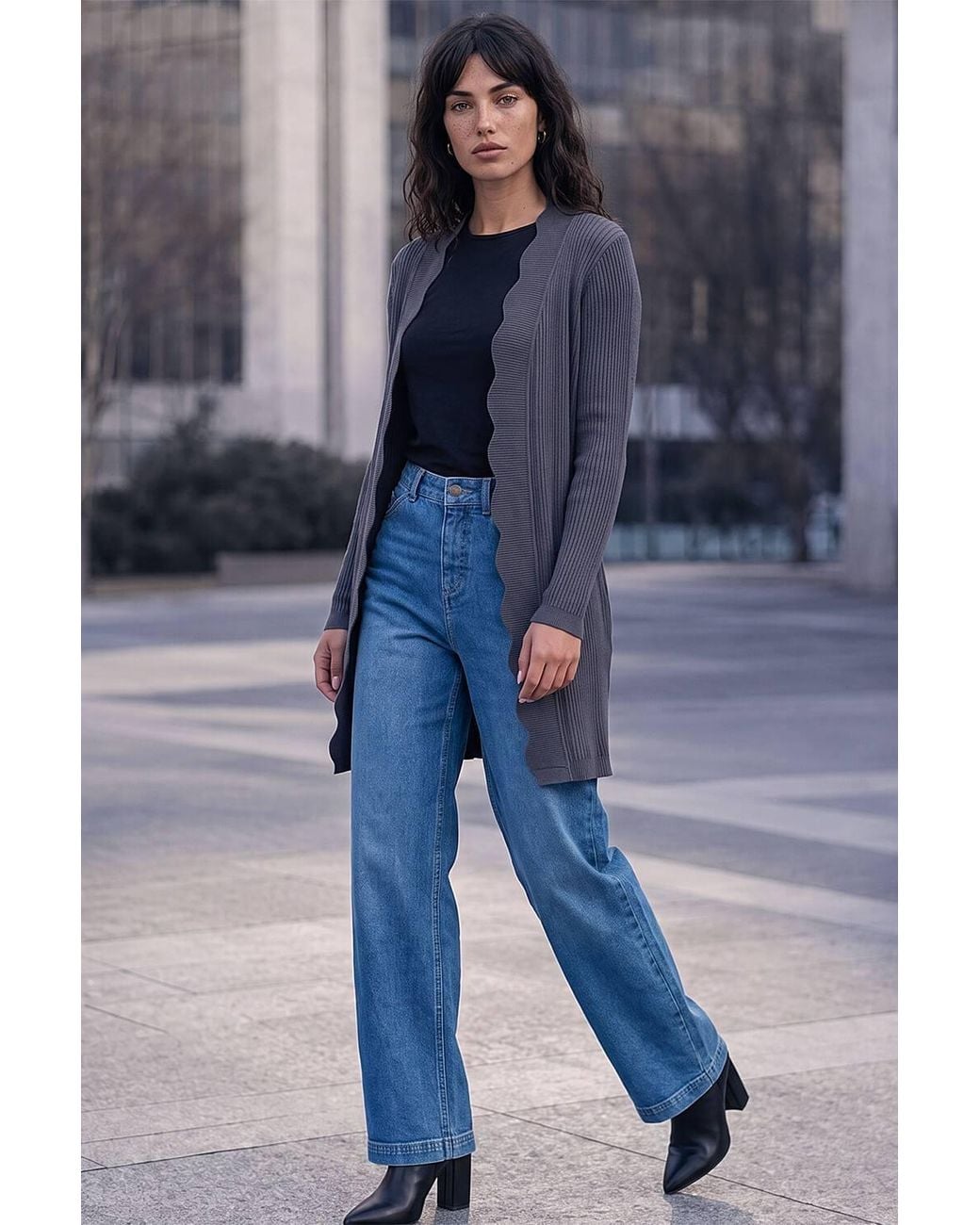 Roman Blue Rib Knit Scallop Trim Cardigan