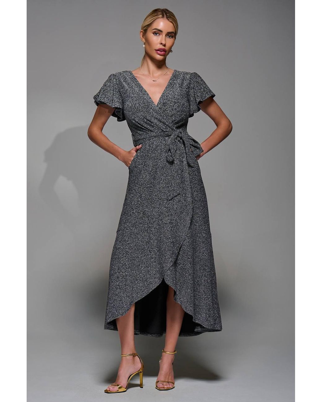 Jolie Moi Gray Metalic Angel Sleeve Wrap Maxi Dress
