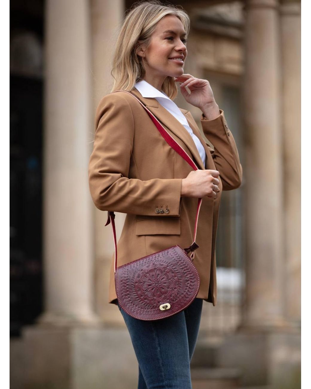 Berber Leather Pink 'The Temara' Embossed Leather Saddle Bag