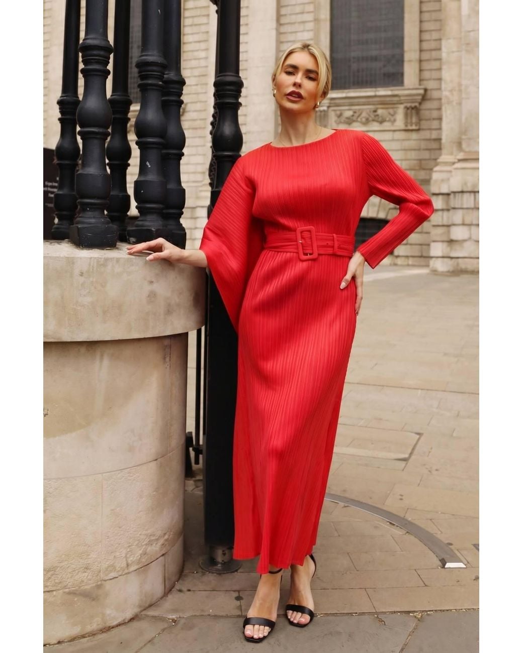 CY Red Pleated Maxi Dress With Statement Belt