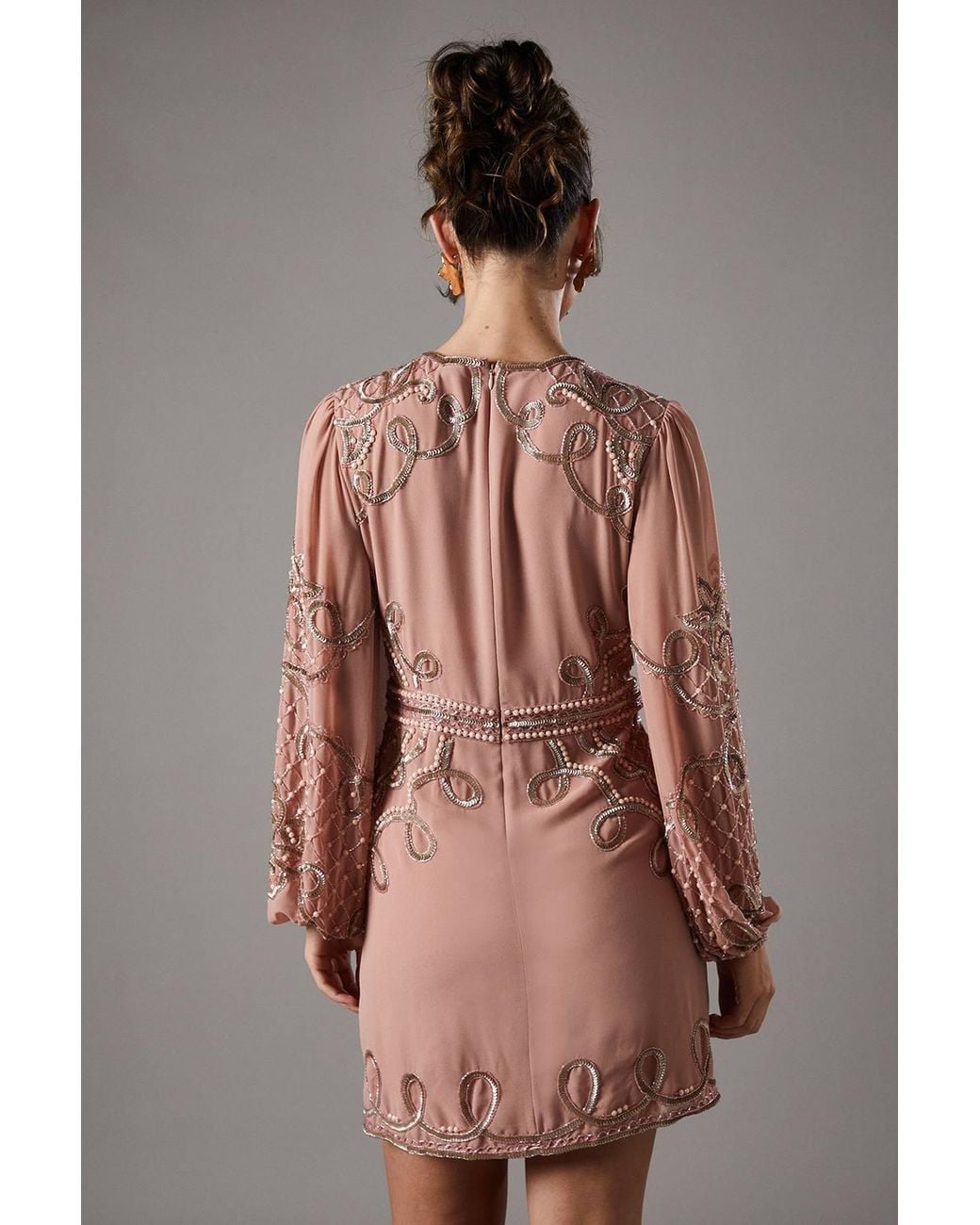 Coast Brown Muse Chiffon Embellished Mini Dress With Blouson Sleeves