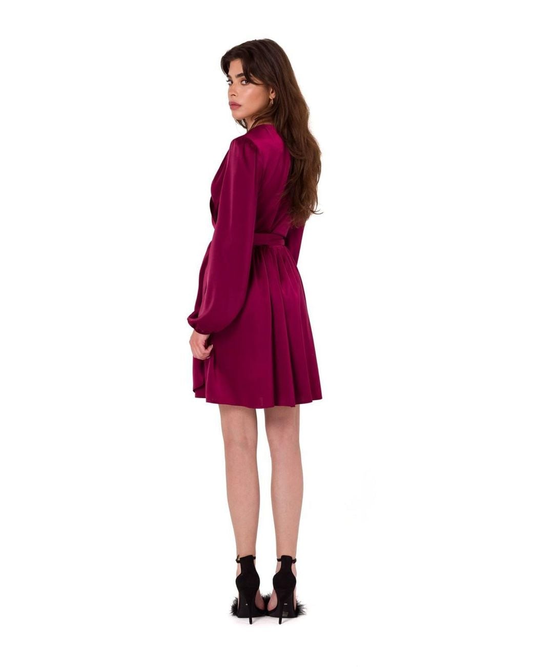 Love Lace Red Evening Satin Long Sleeve Wrap Dress