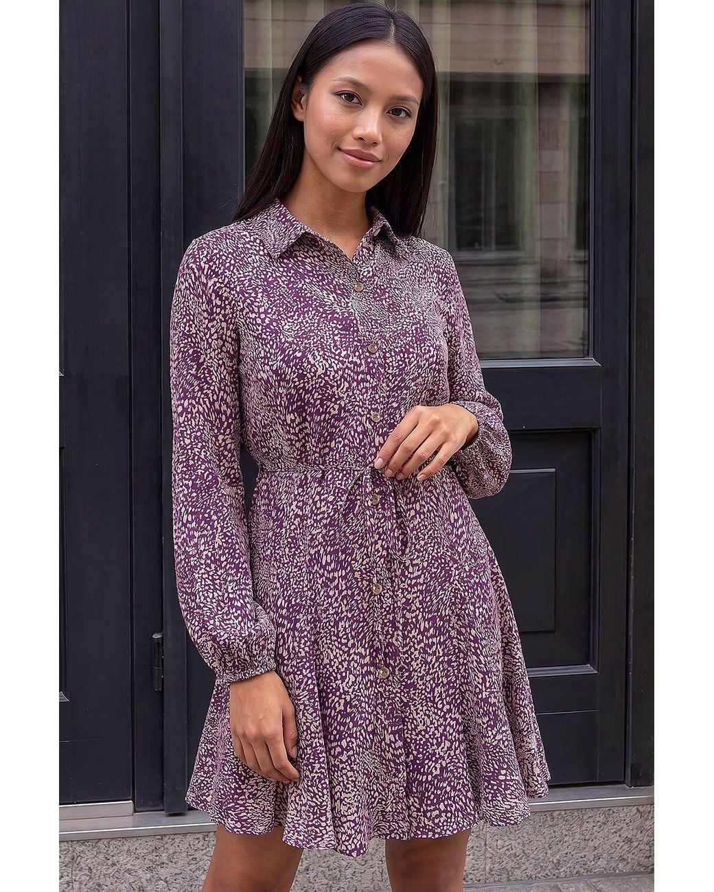 Roman Gray Petite Abstract Spot Godet Dress
