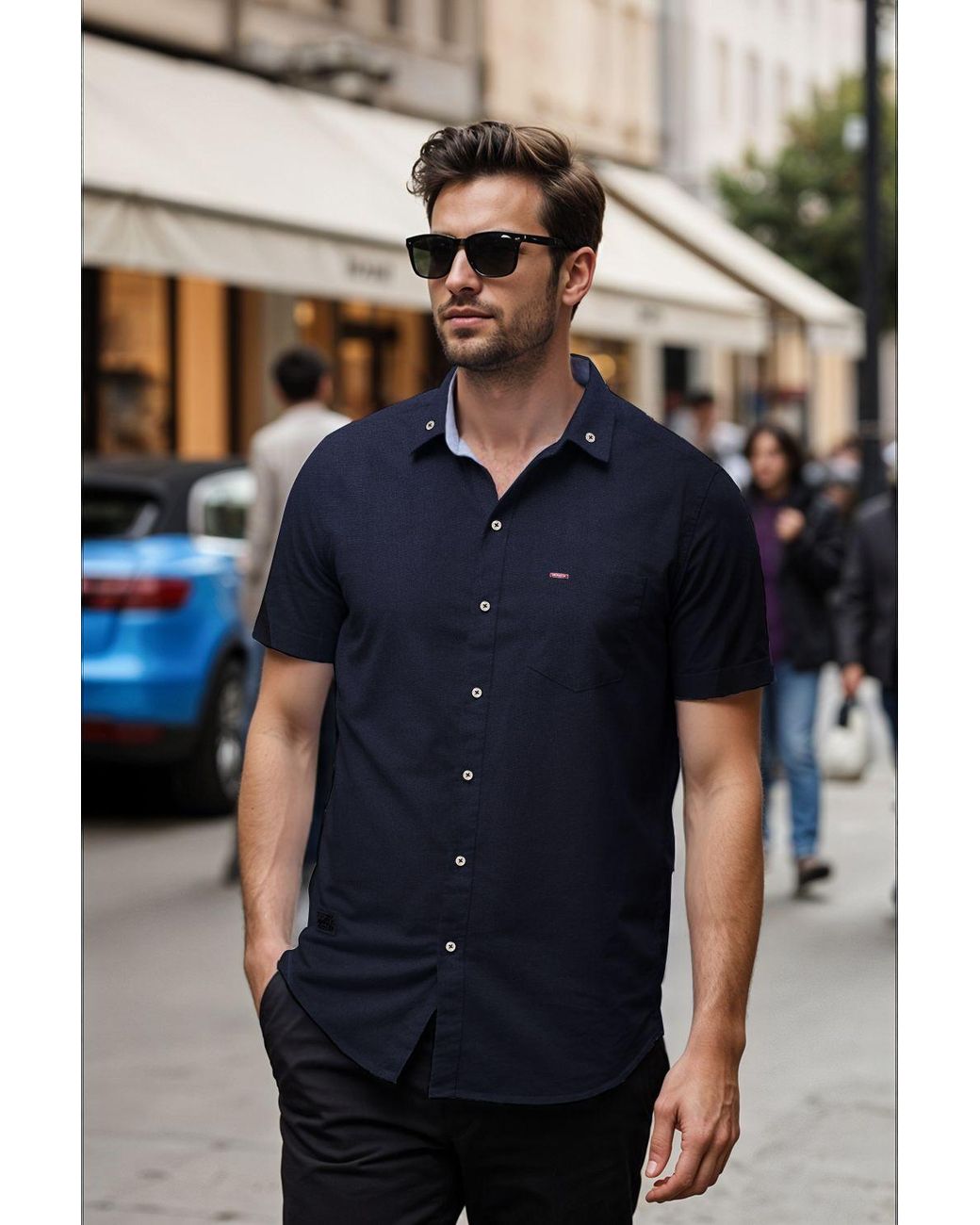 MODISHION Blue Casual Button-Down Shirt With Chest Pocket for men