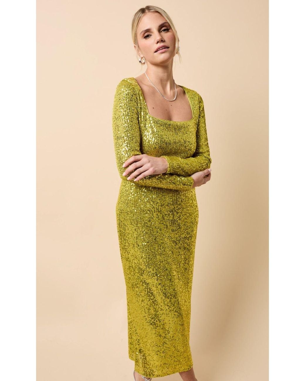 Little Mistress Yellow Sequin Square Neck Midaxi Dress