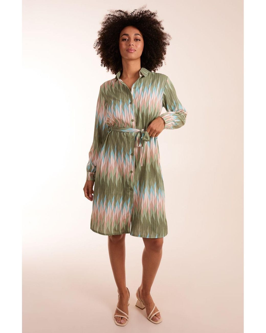 Blue Vanilla Green Zig Zag Print Shirt Dress