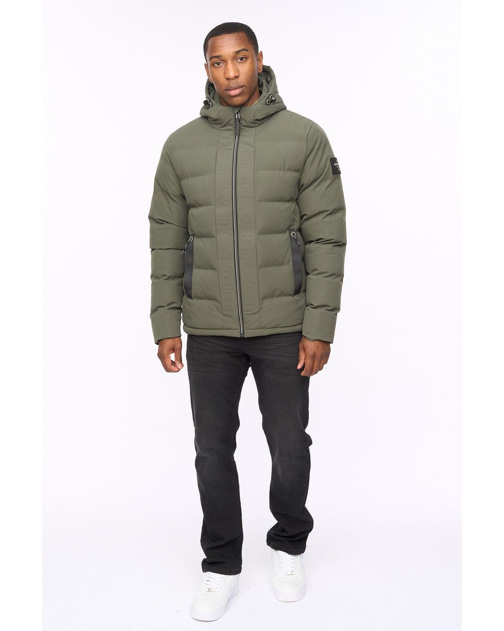 Crosshatch Green Kampnew Hooded Quilted Puffer Jacket With Embossed Detail for men