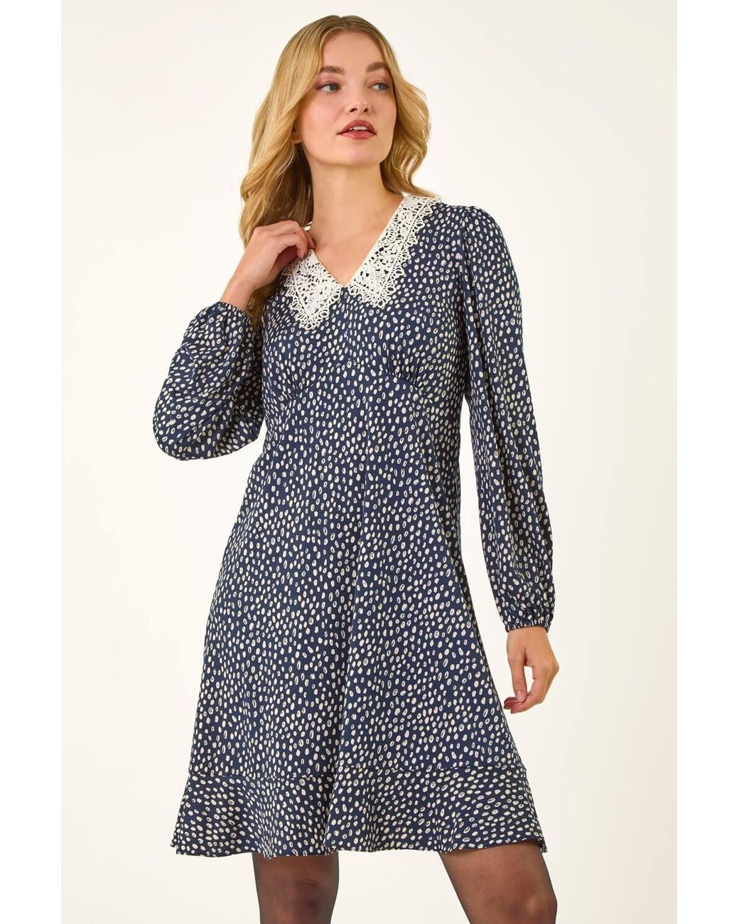 D.u.s.k Blue Lace Collar Spot Print Dress