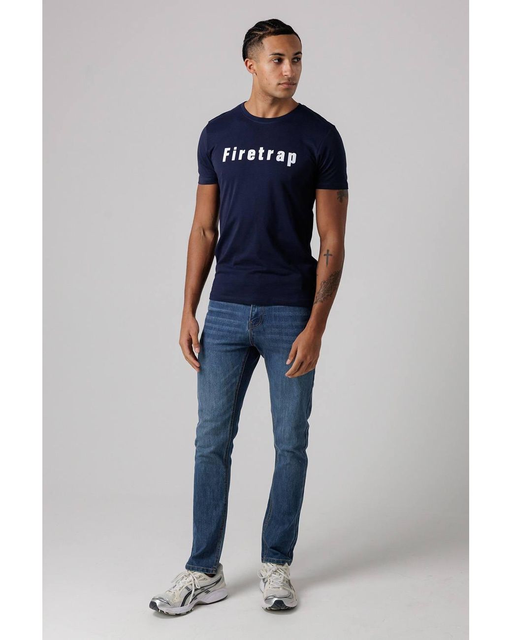Firetrap Blue Regular Fit Cotton T-Shirt With Logo for men
