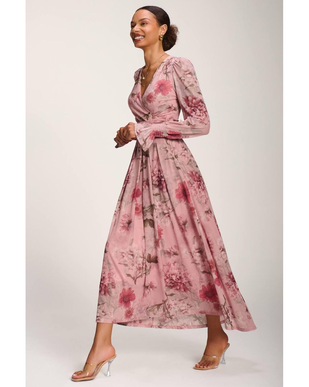 Jolie Moi Pink Long Sleeve V Neck Mesh Maxi Dress