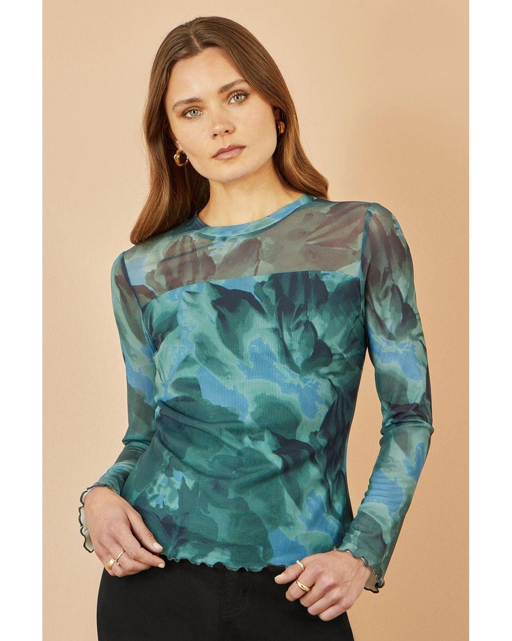 Yumi' Blue Floral Mesh Top