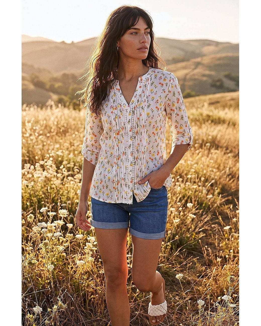 Roman Natural Floral Print Trim Blouse