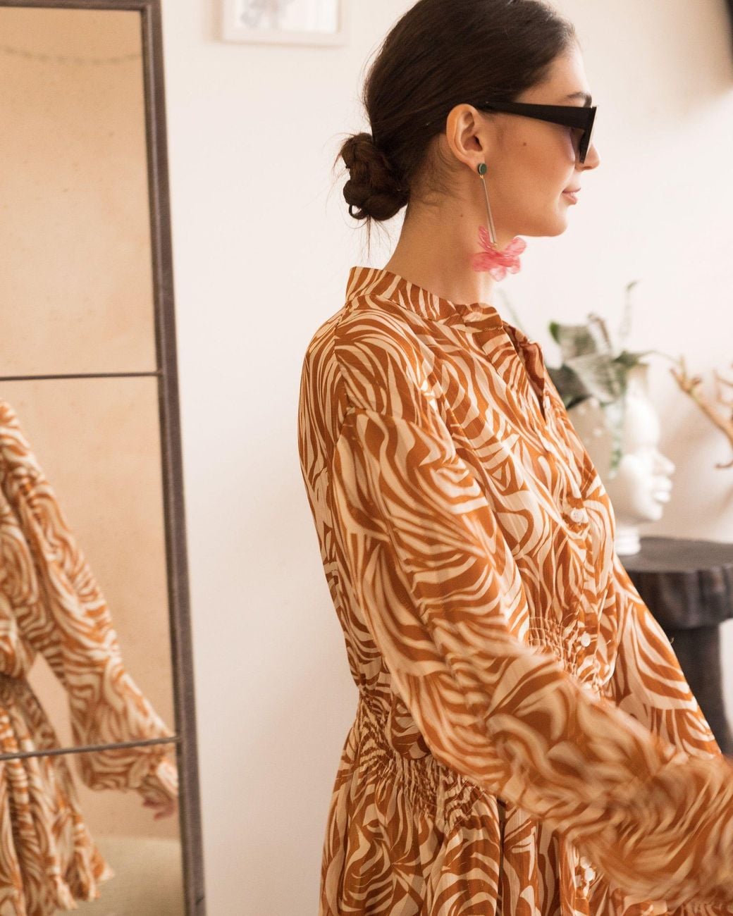 CY Brown Rose Scarf Print Mini Shirt Dress