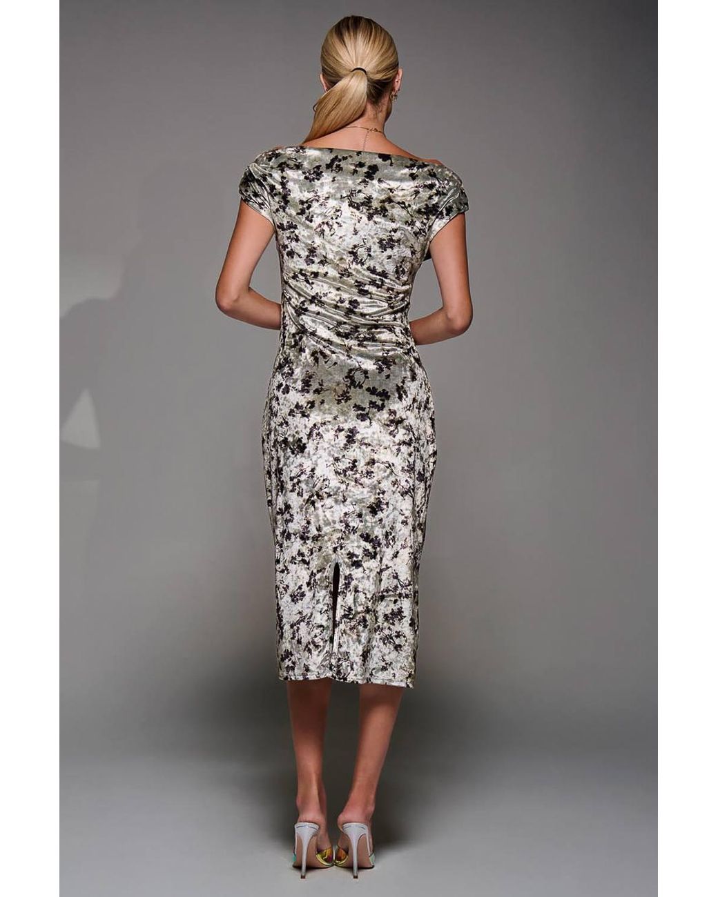 Jolie Moi Gray Velvet Print Ruched Bodycon Dress