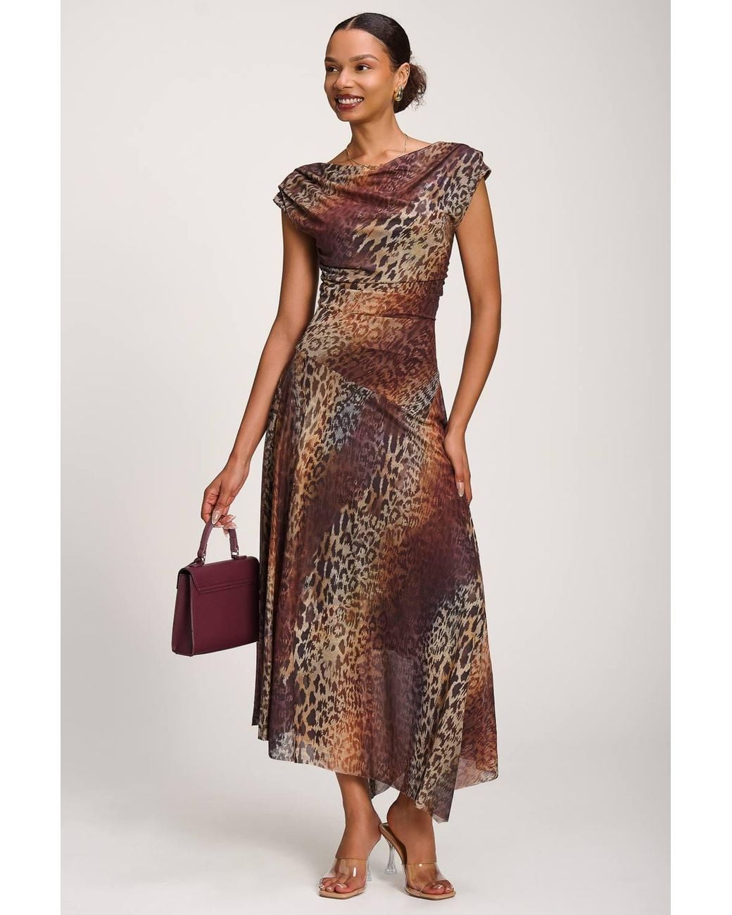 Jolie Moi Brown Asymmetrical Draped Mesh Maxi Dress