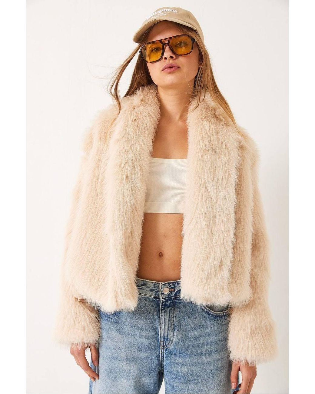 Bianco Lucci Blue Faux Fur Cropped Open Collar Coat