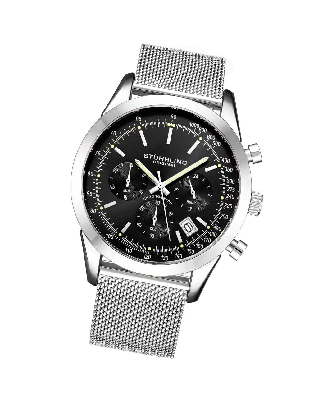 Stuhrling Metallic Rialto Chronograph Watch Quartz With Tachymeter 44Mm Case Mesh Bracelet for men