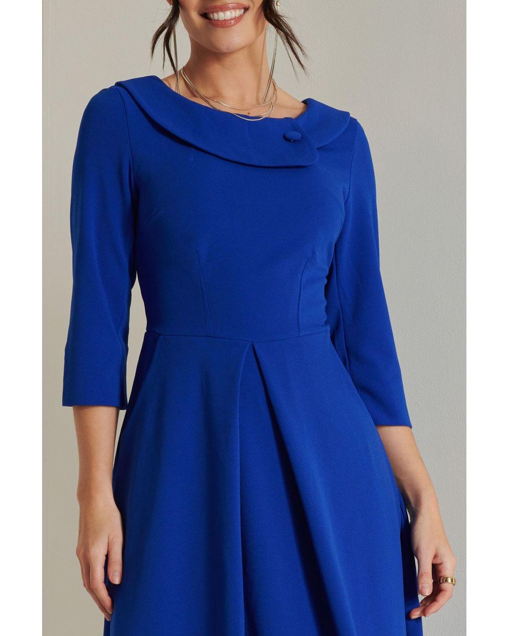 Jolie Moi Blue Fold Neckline Sleeved Midi Dress