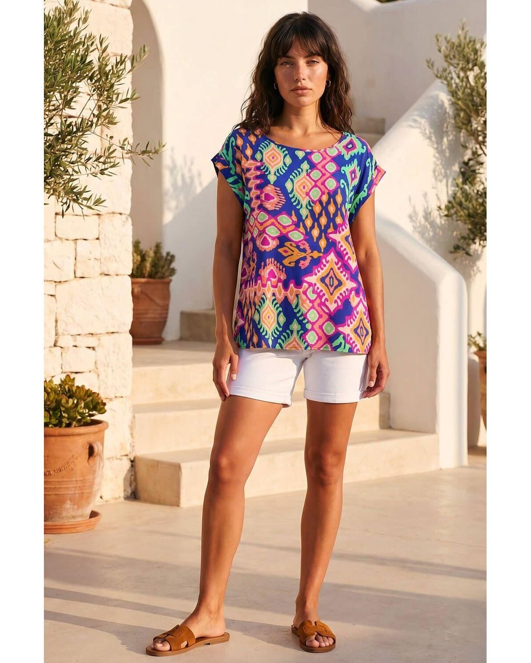 Roman Pink Aztec Print Short Sleeve Top